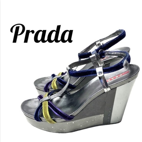 Prada Sport Silver Velvet T Strap Silver, Blue, Green & Purple Wedge Sandal Sz 7 - Picture 1 of 16